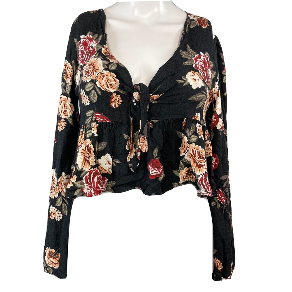 One Clothing Shirt Womens Sz XS Black Floral Sweetheart Tie Crop Boho Cottage